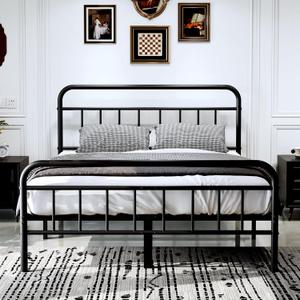 14Inch Metal Bed Frame,Queen Size Bed Frame with Upholstered Headboard,Heavy Duty Sturdy Mattress Foundation,Easy Assembly,No Box Spring Needed,Grey-Queen