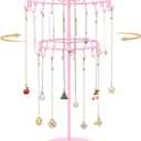 MODOWEY Rotating Necklace Holder Organizer Display Stand with 42 Hooks, 2 Tier Adjustable Metal Tree for Long Necklace Hanger Selling, Tall Spinning Bracelet Storage Rack for Men Women, Pink