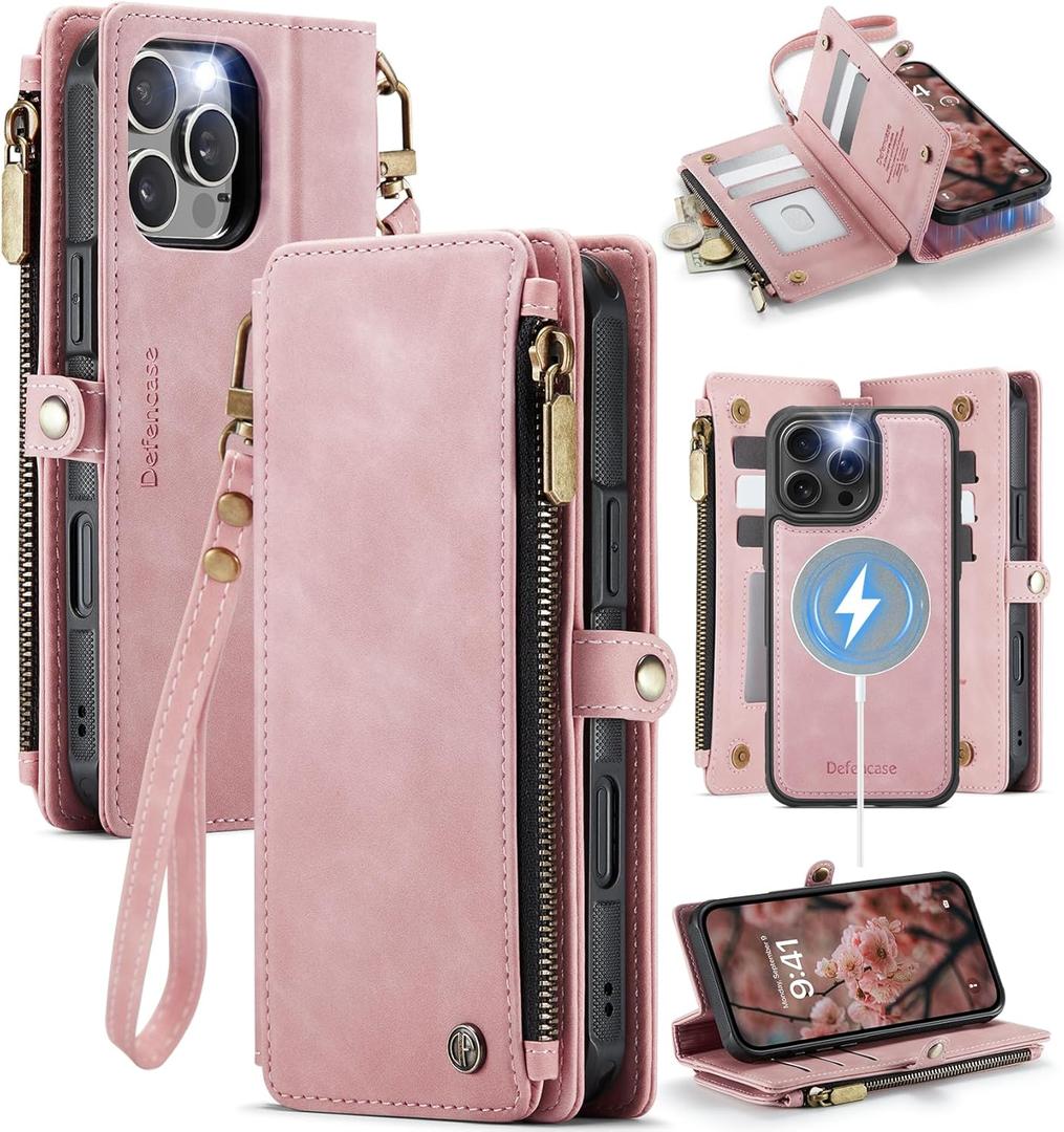 Defencase for iPhone 16 Pro Magnetic Wallet Case Compatible with Magsafe with RFID Blocking Zipper Strap Card Holder for Women Men PU Leather Detachable Case for iPhone 16 Pro (6.3 inches), Rose Pink