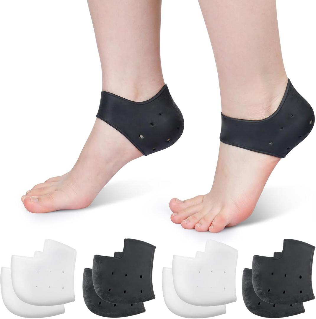 Silicone Heel Protectors for Cracked Heels, Heel Spurs, Plantar Fasciitis - Gel Heel Pads, 4 Pairs, Unisex, Black and White (4pairs-black&white)