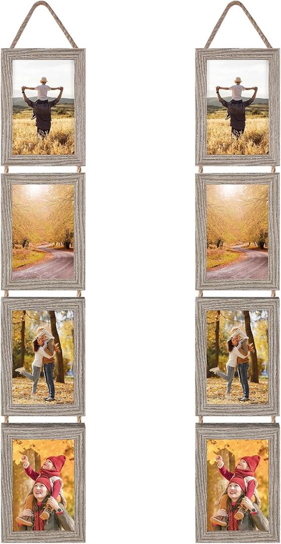 Lavezee 4x6 Hanging Collage Picture Frames Set of 2, 8 Opening Vertical Frame Made to Display 4 by 6 Inch Photo for Wall Decor, Rustic