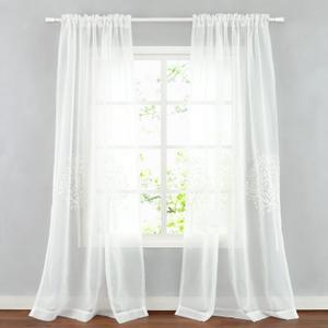 VOGOL White Sheer Curtains for Living Room, Trees Embroidered Voile Curtain Panels for Dining Room, Rod Pocket Window Treatment 96 Inches Long, 2 Pieces