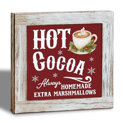 Christmas Hot Cocoa Bar Wood Decor Sign, Hot Cocoa Always Homemade Extra Marshmallows, Rustic Wooden Tabletop Decor, Christmas Home Kitchen Sign for Desk Table Shelf 5.9x5.9 Inches