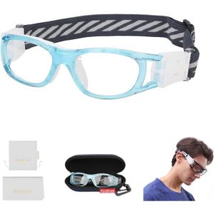 Safety Glasses Kids Sports Goggles Lacrosse Basketball Racquetball Eyewear Replaceable to Prescription Lenses (G8029 Blue Frame White Pad)