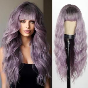 MERISIHAIR Long Ombre Light Purple Wavy Wig with Bangs,Dark Root Ombre Gray Purple Wigs Natural Looking Heat Resistant Synthetic Fiber Wig For Party Cosplay Daily Halloween