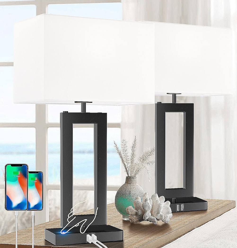White& Black Table Lamp Set of 2 Touch Control Lamps 3-Way Dimmable Bedroom Bedside Nightstand Lamps w/USB Ports Modern Table Lamp for Living Room End Table Office, 22’’ Tall, Daylight