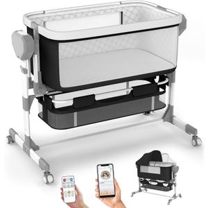 Rocking Bassinet for Baby, Electric Bassinet Automatic 5 Rocking Motion Bassinet Bedside Sleeper for Newborn, Auto Rolling Baby Cradle 6 Height Adjustable with 4 Lullabies, Wheels, Storage