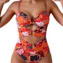 Eomenie Womens Cutout One Piece Swimsuit with Ring Linked Sexy Monokini Bathing Suit for Beach Vacation, X-Large, Red Black Print