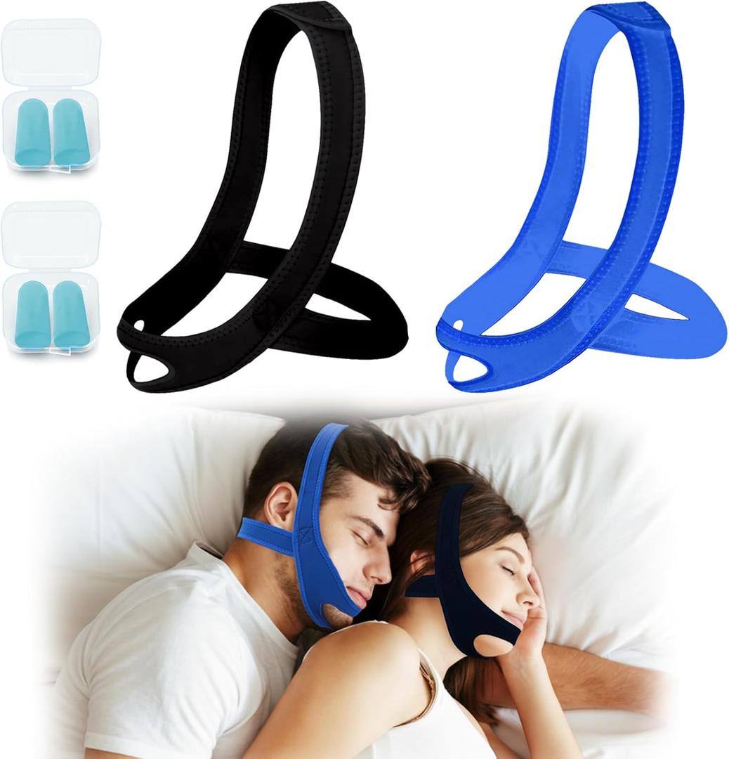 2 Pcs Chin Strap for Sleeping,Adjustable Anti Snoring Chin Strap to Keep Mouth Closed,Jaw Strap for Sleep for Men Women,with Two Pairs of Earplugs,Stops Snoring & Dry Mouth