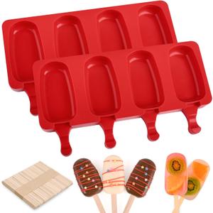 WMKGG Popsicle Silicone Molds Set, 2 PCS Ice Cream Molds with 50 Wooden Sticks for Cake Pop, Ice Pop, Cakesicles (Standard Size/Red)
