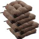 downluxe Indoor Chair Cushions for Dining Chairs, Tufted Overstuffed Textured Foam Kitchen Chair Pads with Ties and Non-Slip Backing, 15.5" x 15.5" x 4", Brown, 6 Pack
