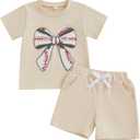 Toddler Baby Girl Summer Outfits Baseball Bow Fuzzy Embroidered T Shirt Top Shorts 2Pcs Baseball Game Day Clothes (Beige)