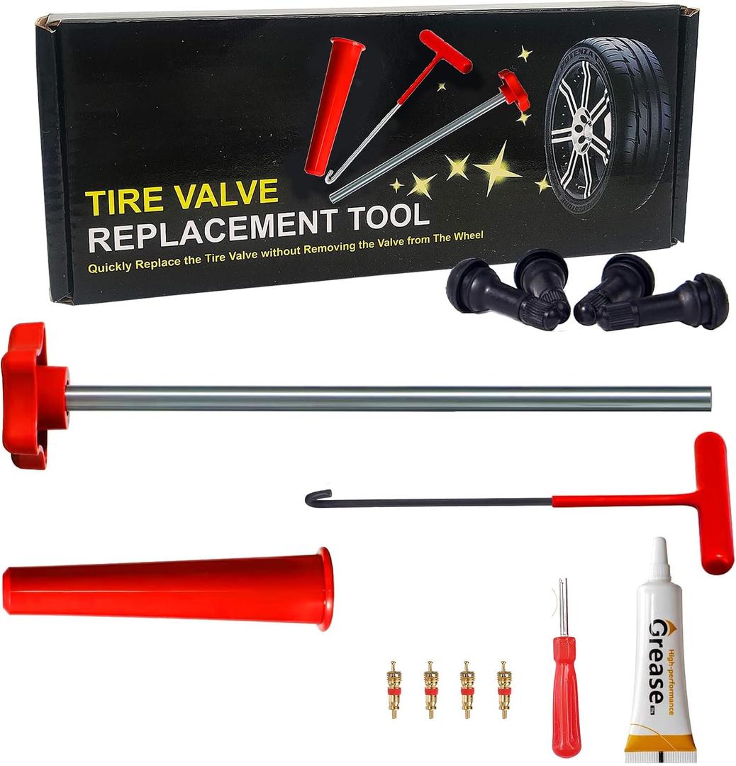 Tire Valve Stem Quick Replacement Tool Kit51025, Valve Stem Installation Tool for Cars, Trucks,ATVs,etc. with 4PCS TR413 Valve Stems.