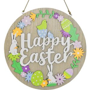 Ovootok Happy Easter Door Sign - 11.8" Wooden Bunny Hanging Sign, Egg Rabbit Wreath, Spring Wall Home Farmhouse Decor (Multicolor)