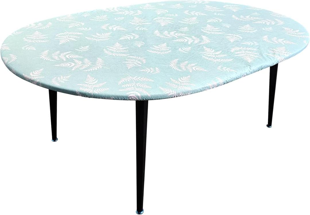 Oval Fitted Vinyl Tablecloth with Elastic Leaves Plastic Tablecloths Flannel Backing 100% Waterproof Elasticized Table Cover, Fits for 48" W x 60" L Oval/Oblong Table (Lake Blue)