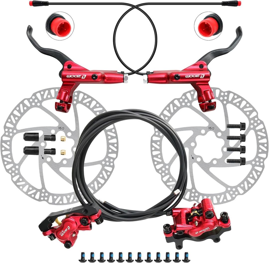 Z00M HB876E 2-PIN 4-Pistons E-Bike Electric Power-Off Hydraulic Brake Set, Pre-Bled with Mineral Oil Brakes Kit for eBike, Mountain Bike, Road Bike (Zoom 160mm-Red)