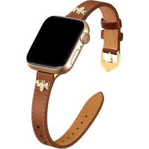 JR.DM Slim Leather Bands Compatible with Apple Watch Band 38mm 40mm 41mm 42mm 44mm 45mm 46mm 49mm, Top Genuine Leather Band with Charms, Feminine Design for Iwatch Ultra SE Series 10 9 8 7 6 5 4 3 2 1 (A Brown & Gold with Bee) JR.DM Slim Leather Bands Compatible with Apple Watch Band 38mm 40mm 41mm 42mm 44mm 45mm 46mm 49mm, Top Genuine Leather Band with Charms, Feminine Design for Iwatch Ultra SE Series 10 9 8 7 6 5 4 3 2 1 (A Brown & Gold with Bee)