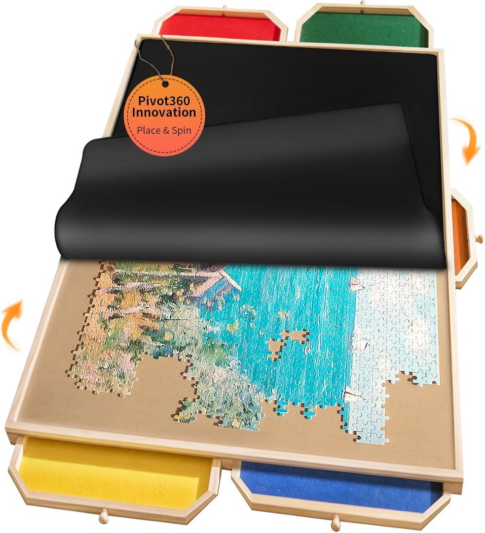 2000 Rotating Puzzle Board Pro, with 6 Drawers, Rubber Cover Mat, 40" x 29", 360 Lasy Susan, Sort-Wise Colorful Felt Drawers & 4 Trays, Wooden Jigsaw Puzzle Table, Birthday Gifts for Mom (Multicolor)