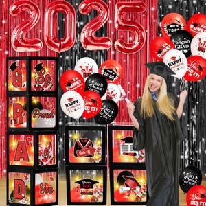 Red Black Graduation Decorations Class of 2025 Graduation Balloon Boxes with Letters 2025 Grade Party Decorations with Lights for Class of 2025 Grade Party Supplies
