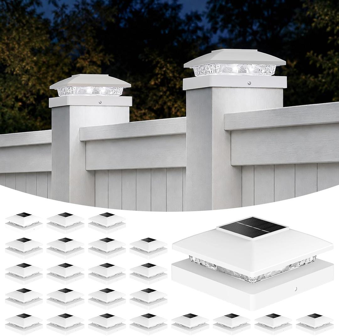 APONUO Solar Post Cap Lights for 4x4 5x5 Posts - IP64 Waterproof, 6500K LED, No-Wire Fence Lights & Deck Lights for Patio Garden Yard Patio, White-Cool White, 24 Pack