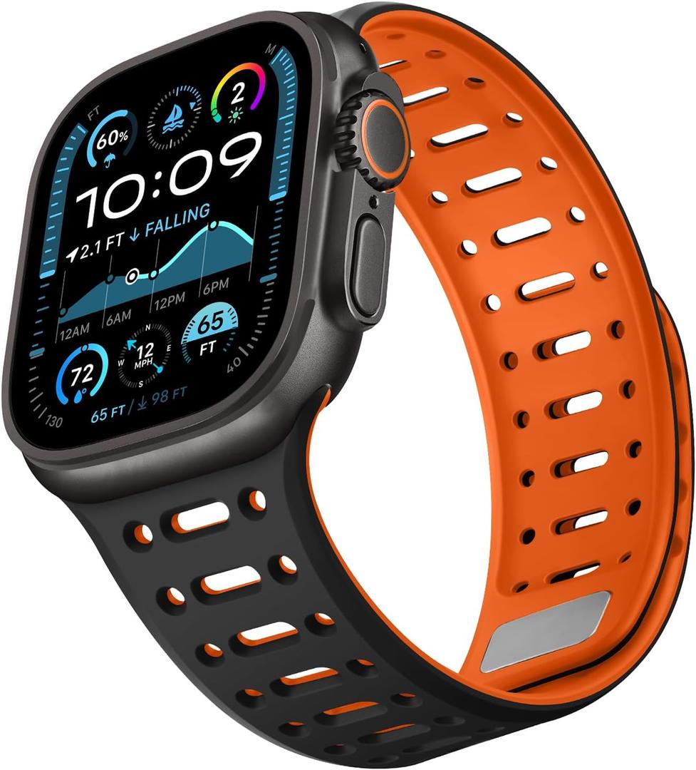 Compatible with Apple Watch Band 49mm 46mm 45mm 44mm 42mm 41mm 40mm 38mm, Magnetic Silicone Sport Breathable Strap for iWatch Ultra 3/2/1 SE3 Series 11 10 9 8 7-1 (49/46/45/44/42, Black/Orange)