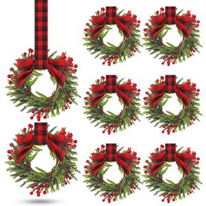 Dingion 8 Pcs 6 Inch Mini Cabinets Christmas Wreaths for Kitchen Mini Norfolk Wreath with Ribbon Bows and Berry Hanging Artificial Greenery for Farmhouse Door Wall Window Decor(Stylish Style)