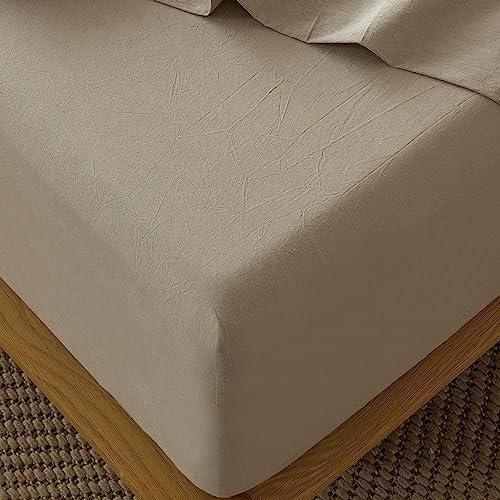 MooMee Fitted Bottom Sheet Only 100% Washed Cotton Linen Like Textured Breathable Durable Soft Comfy Deep Pocket Fits Mattress up to 17" (Mocha Brown, Queen)