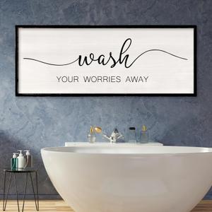 Wash Your Worries Away Funny Bathroom Wall Decor 40x15 Inch Wood Framed Sign Toilet Restroom Modren Laundry Room Wall Art Hanging (Black)