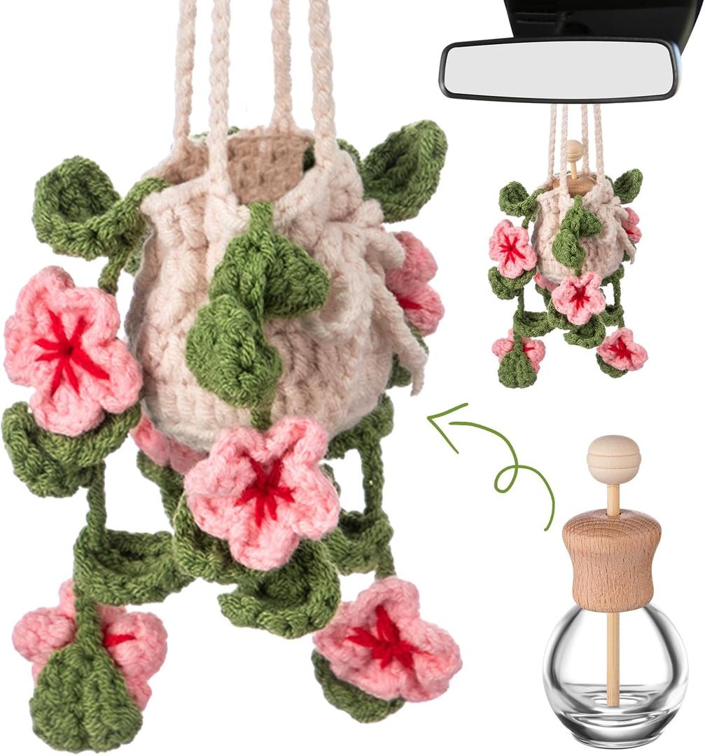 DaisyInner Cute Crochet Plant Car Freshener 12ml Empty Refillable Diffuser Bottle with Plants Hanging Accessories for Rearview Mirror Home Office Decor Women Mother's Day Gifts(Cherry Blossoms)