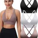 Evercute Women's Sports Bras 3/4 Pack Adjustable Deep V Neck Bras Wireless Spaghetti Strap Criss Cross Padded Low Support Bra (Medium, Black White Brown 3 Pack)