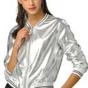 Allegra K Women's Bomber Jacket Sparkly Crew Neck Long Sleeve Holographic Lightweight 90S Shiny Party Metallic Jackets Small Silver