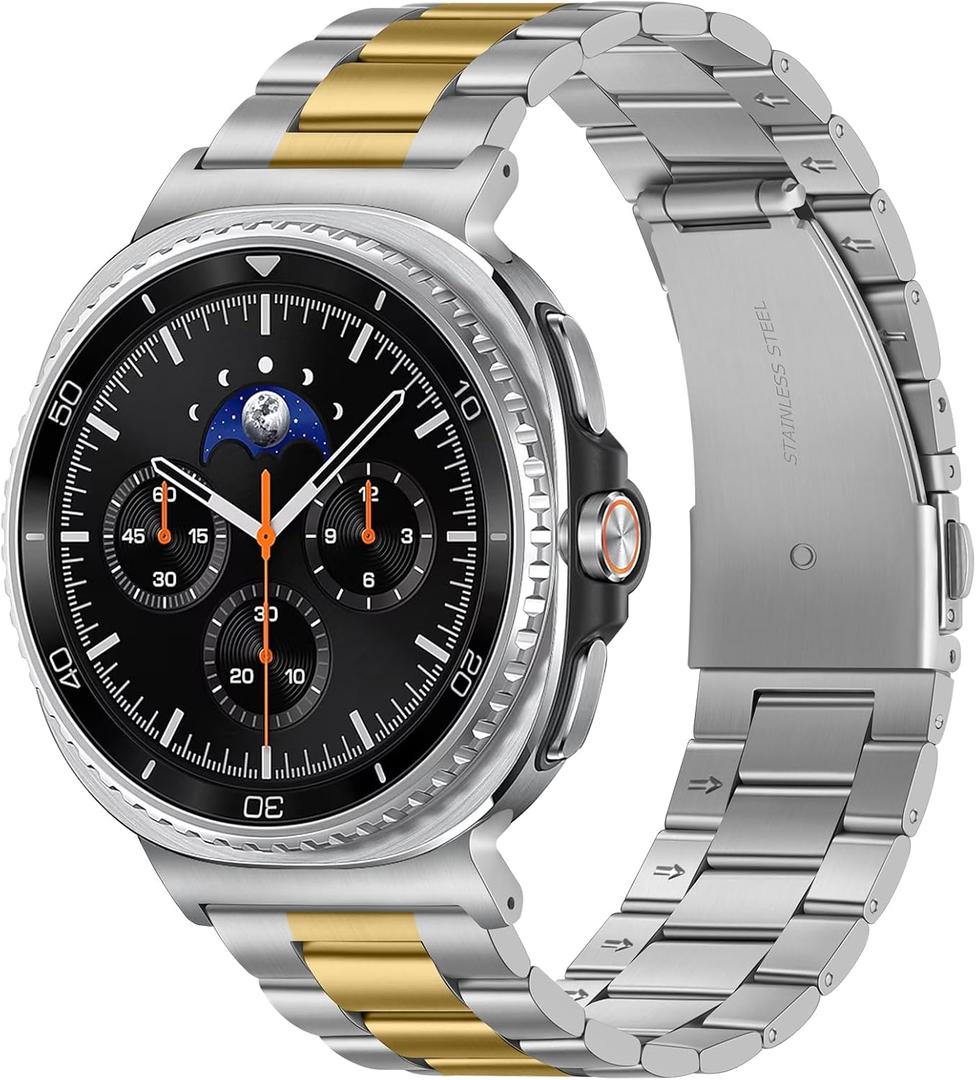 Metal Bands Compatible with Samsung Galaxy Watch 8 Band 44mm 40mm/Galaxy Watch 8 Classic 46mm, No Gap Stainless Steel Strap for Women and Men, Silver-Gold