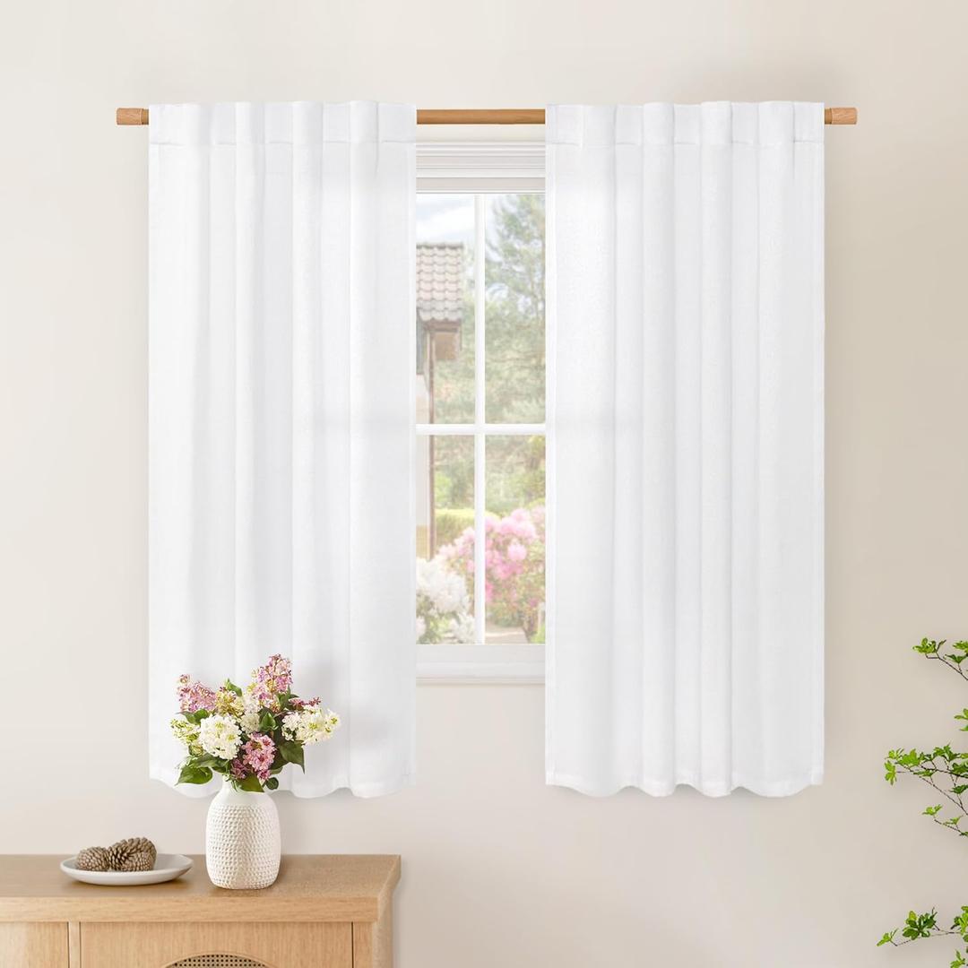 BGment Short White Linen Curtains 63 Inch Length for Living Room, Rod Pocket Half Window Drapes Light Filtering for Bathroom Ring Clips Decorative, 2 Panels Set, 34 Inch Wide Each Panel