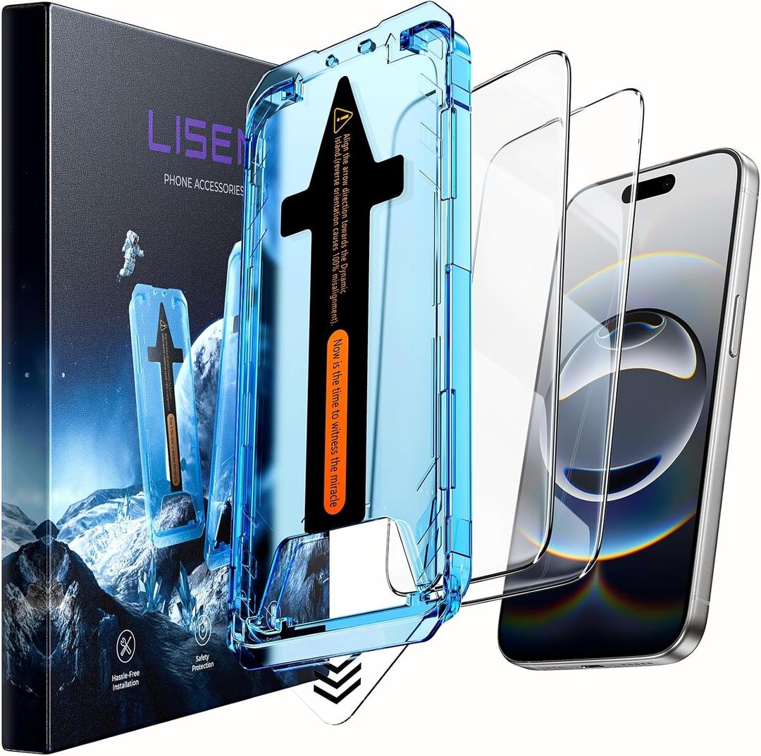 2 x LISEN 2 Pack [Top 9H+ Hardness] Glass for iPhone 17 / iPhone 16 Pro Screen Protector, Military Grade Shatterproof 8K HD Auto Dust-Elimination Bubble Free Tempered Glass with Ultra Fit Tray
