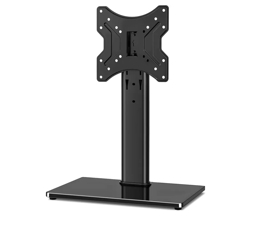 Rfiver Universal Swivel Tabletop TV Stand for Flat Screens 23 24 26 32 39 40 42 43 Inch, Heavy Duty Center Pedestal Stand Replacement with Black Tempered Glass Base and Height Adjustable Mount