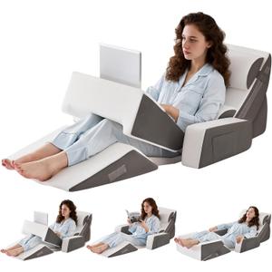 9PCS Wedge Pillow Set for After Surgery Recovery, Adjustable Memory Foam Neck Pillow, Foam Leg Pillow, Relieves Neck, Leg Pain, Sleep Apnea, and Functions as a Reading Pillow, Dark Gray