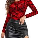 Avidlove Womens Mesh Long Sleeve Bodysuit Round Neck Sheer Leotards Geo Print Bodysuit Top with Snap Crotch (Large, Red)