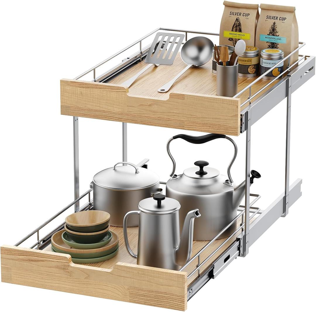 Sikarou Pull Out Cabinet Organizer,Heavy-Duty Slide Out Shelf, Wood and Wire Basket, Pull Out Drawer for for Kitchen Under Sink Space, Pantry, Bathroom, 2 Tie 14 * 21 in