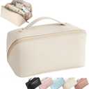 Travel Open Flat Makeup Bag, Large Capacity Travel Cosmetic Bag for Women, Portable Cosmetic Pouch PU Leather Waterproof Open Flat Travel Toiletry Bag Make up Organizer Bag with Divider and Handle