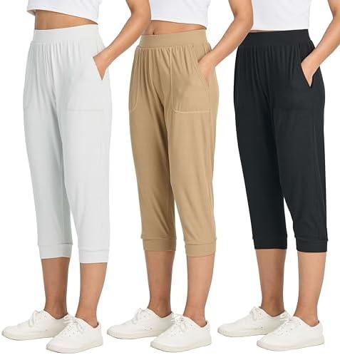 Real Essentials 3 Pack: Women's Ribbed Capri Jogger Lounge Sweatpants with Pockets Yoga Workout (Size L)