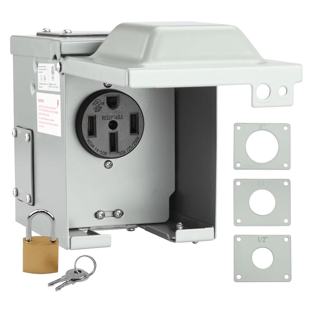 RVMATE RV/EV 50 Amp 125/250 Volt Power Outlet Box, Waterproof Lockable Enclosed Power Panel, 14-50R Receptacle, for RV Camper Travel Trailer Electric Car, ETL Listed (50A, Grey)
