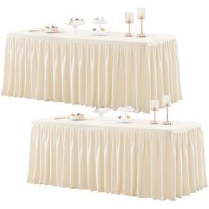 2 Packs Light Champagne Polyester Table Clothes for 8 Foot Rectangle Tables, Wrinkle Free Fitted Table Cover 8ft Stretch Tablecloths with Skirt for Parties Weddings Birthday Banquet Baby Shower