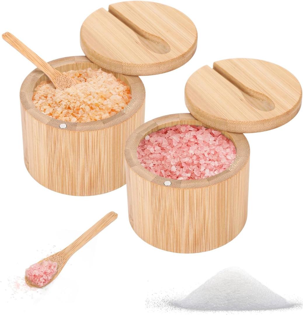 2Pcs Salt Cellar with Lid and Spoon, Salt Holder with Lid, Spice Box with Magnetic Swivel Lids, Bamboo Storage Containers for Countertop to Storage Pepper Spice Sugar Herbs, 6 oz