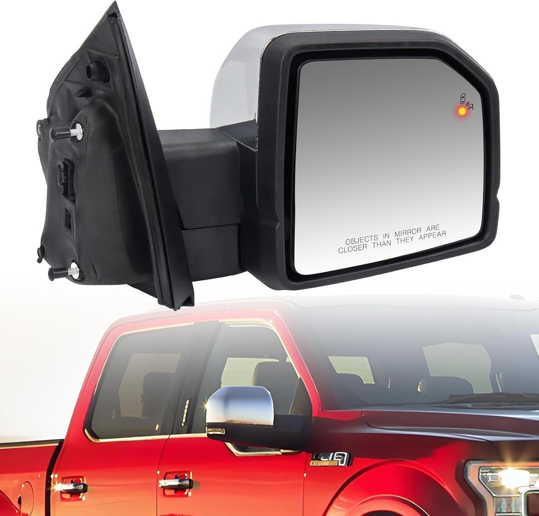 FL3Z17682PB Right Side Power Mirror 18+4 Pin Chrome w/Memory Compatible with 2015-2018 Ford F-150; Folding/Turn Signal/Ground Light/Width Light/Blind Spot/Camera; Replaces FL3Z17682PA, FD188CR-S