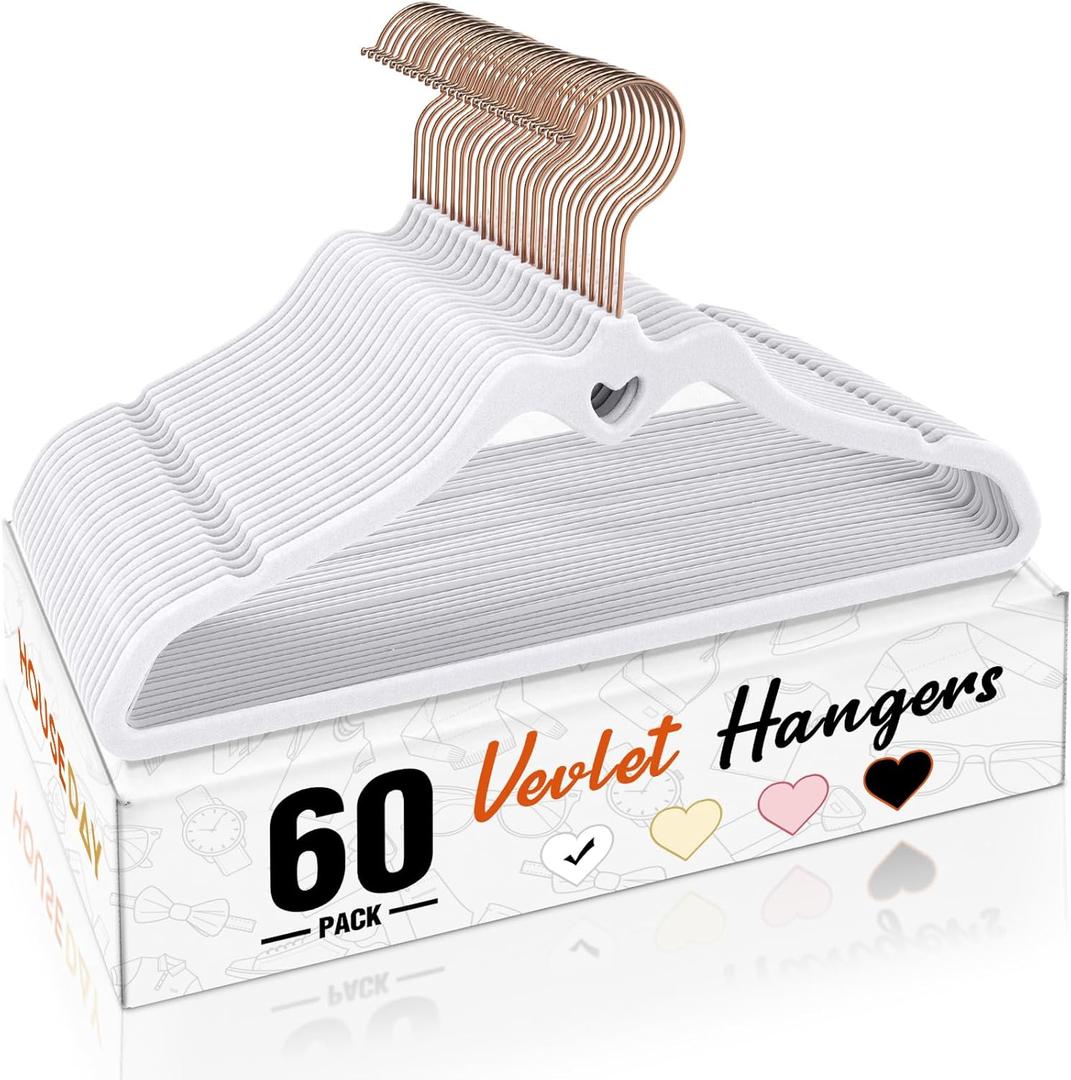 HOUSE DAY White Velvet Hangers 60 Pack, Non Slip Flocked Felt Hangers, Sturdy Velvet Clothes Hanger, Cute Heart Heavy Duty Coat Hanger, Ultra Slim for Closet Space Saving