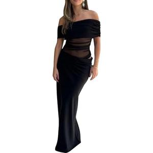 HOCILLE Women's Sexy Elegant Off Shoulder Long Formal Dress Mesh Bodycon Ruched Cocktail Party Maxi Dresses, S