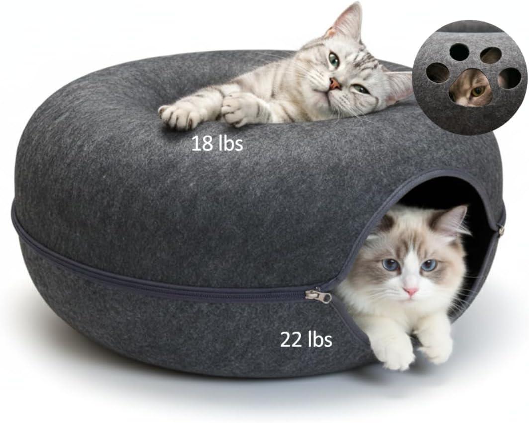 Peekaboo Cat Tunnel with Cute Paw Window, Large Indoor Donut Cat Cave for Play & Nap, Random Zipper Color (White/Charcoal Gray), Scratch-Resistant & Hand-Washable, Dark Gray