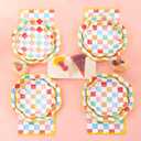 200 PCS Pastel Paper Plates Tableware Set Serves 50 Pastel Gingham Plates Disposable Dinnerware 50 9" Plates 50 7" Plate 50 9oz Cups 50 Napkins for Birthday Baby Shower Wedding