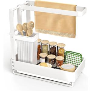 Yawinhe Sponge Holder for Kitchen Sink, Caddy Organizer with Detachable Brush Rack, Stainless Steel Accessories for Organization, White