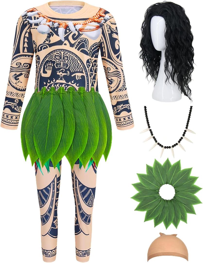 Kids Maui Costume Set Ocean Costume Boys Printed Tattoos Shirt Pants Wig Necklace Cosplay Theme Party Costume Outfits (4-5 Years(110))